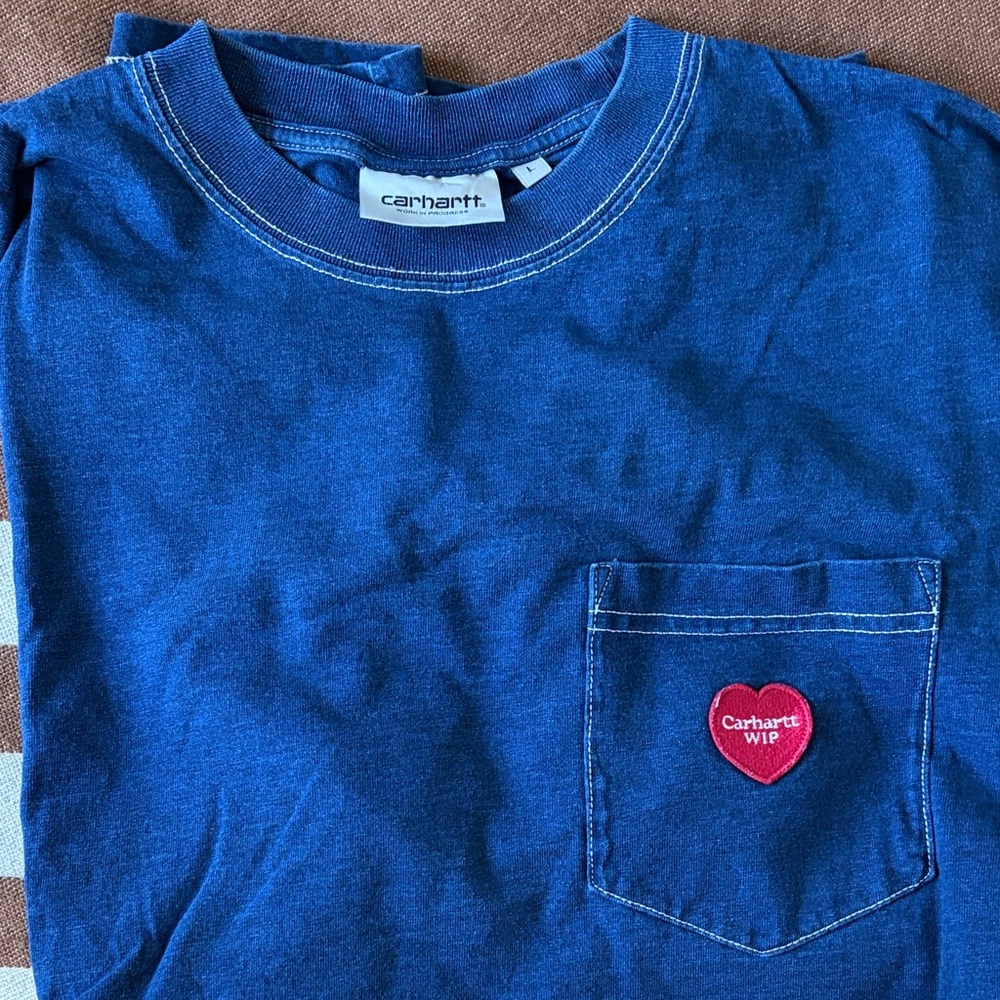 Carhartt WIP Long Sleeve Blue Tee with Heart Patch (Stone Washed) (NEVER WORN)